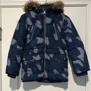 Navy Camouflage Kids Puffer Jacket with Faux Fur Hood